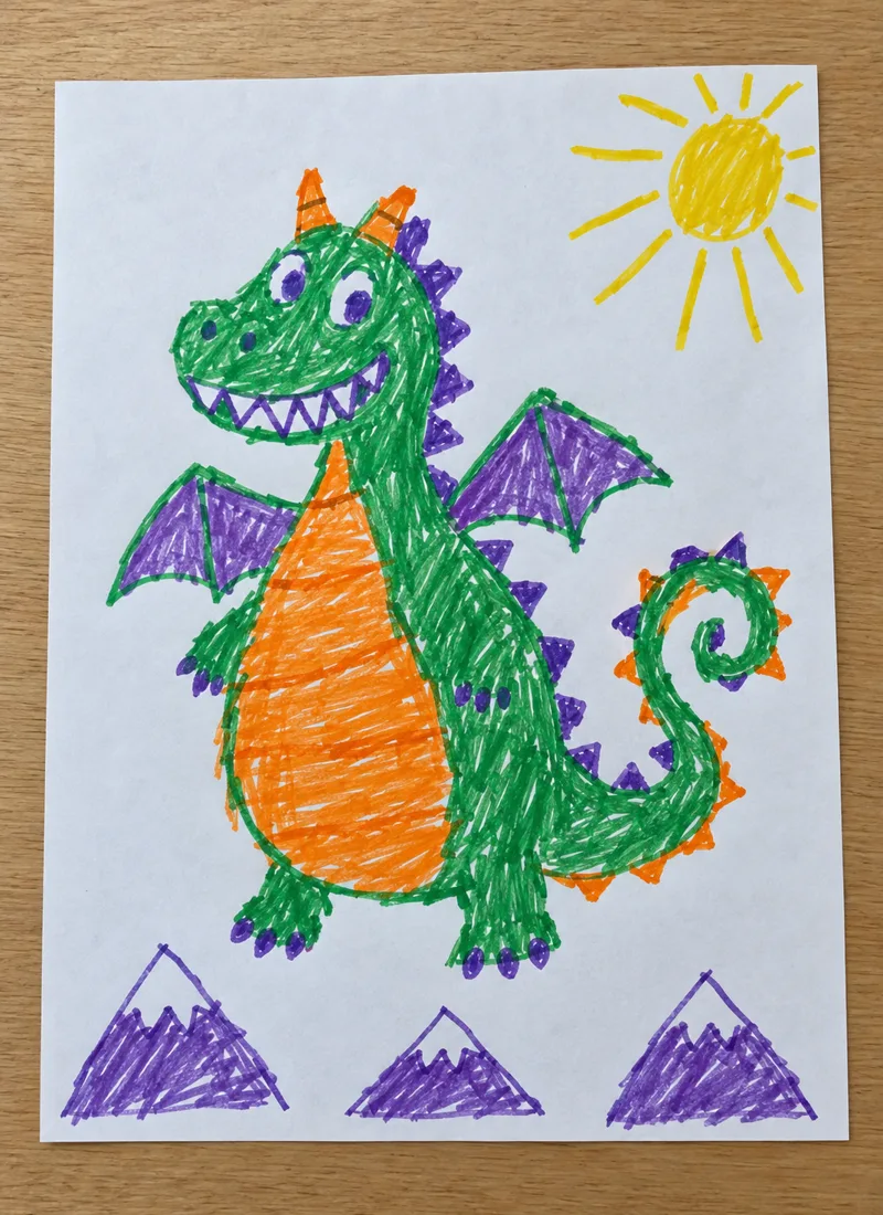 A child's marker drawing of a green dragon with an orange belly, purple wings, a sun and three mountains, photographed on a wooden table