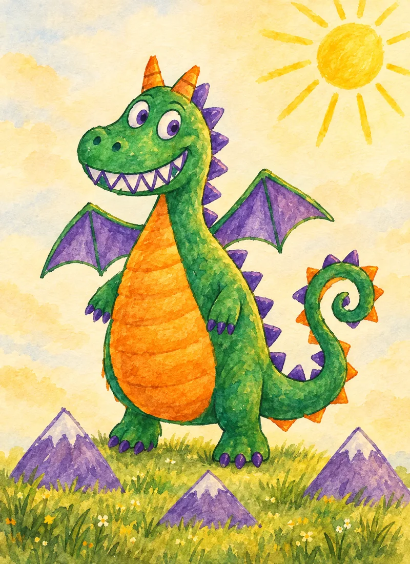 The same dragon drawing rendered as a finished storybook watercolor illustration